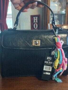 Black Top-Handle Satchel with Colorful Charm